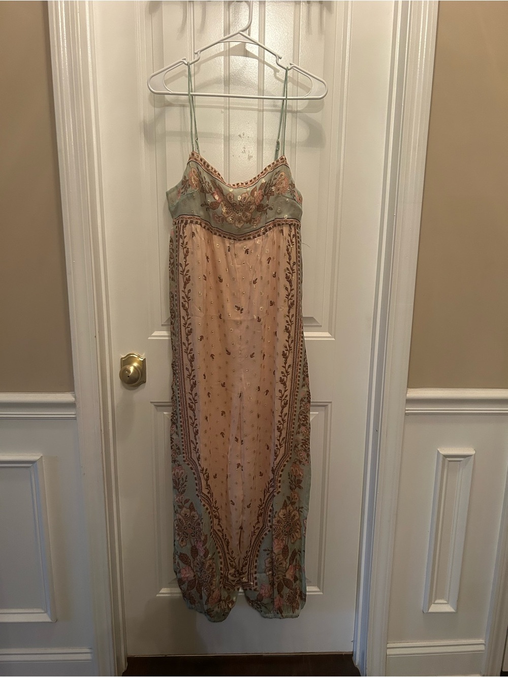 Free People Blush and Sage Embroidered Boho Maxi Slip Dress